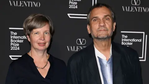 Getty Images Author Jenny Erpenbeck of the shortlisted book "Kairos" and Translator Michael Hofman attend The International Booker Prize 2024 announcement at Tate Modern on May 21, 2024 in London, England. (Photo by Kate Green/Getty Images)