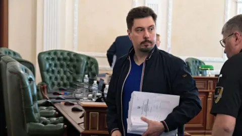 Former President of the Supreme Court of Ukraine Vsevolod Kniaziev, who is suspected of receiving a USD 2.7 million bribe, is pictured after the High Council of Justice granted permission for his custodial detention, Kyiv, capital of Ukraine.