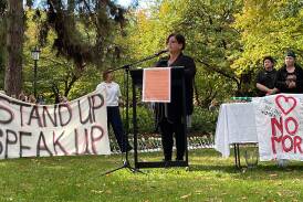 Centre for Non-Violence chief executive Margaret Augerinos speaking at a rally against violence in Bendigo last month. Picture by Jonathon Magrath