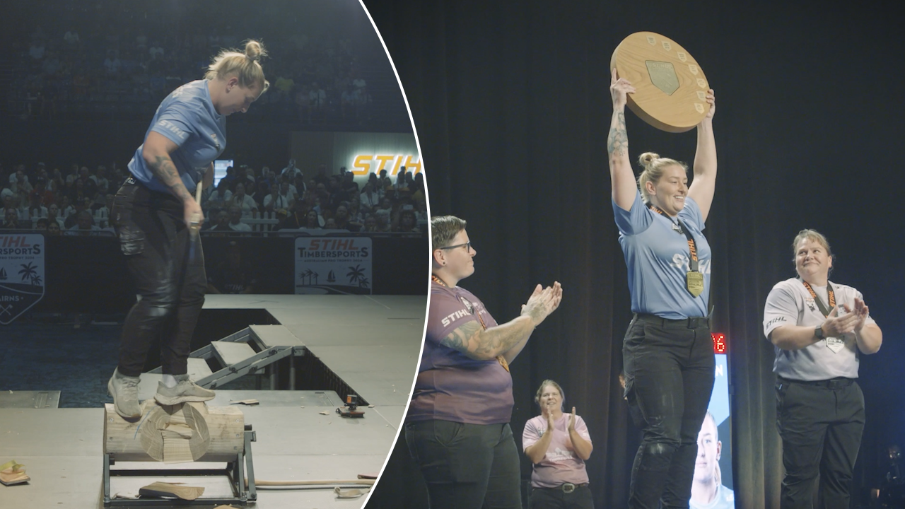 Mum-of-two becomes national woodchopping champion