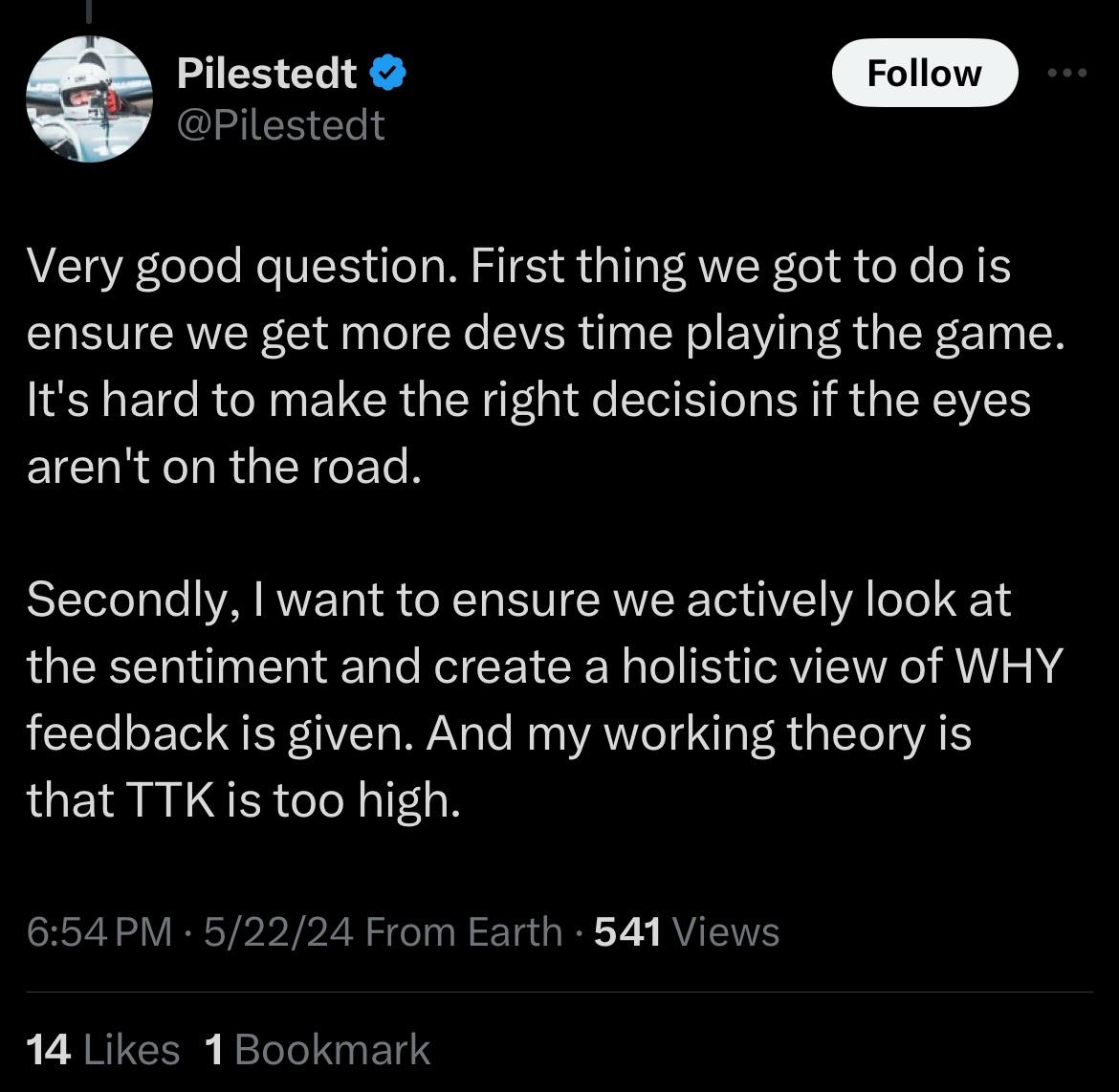 r/Helldivers - Pilestedt (CEO) talks about balance and TTK.