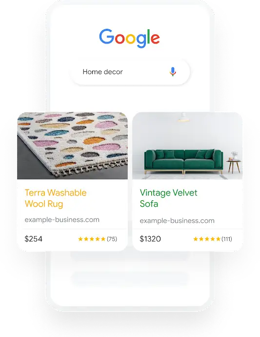 Illustration of a phone shows a Google search query for Home Decor that results in two relevant Shopping Ads.