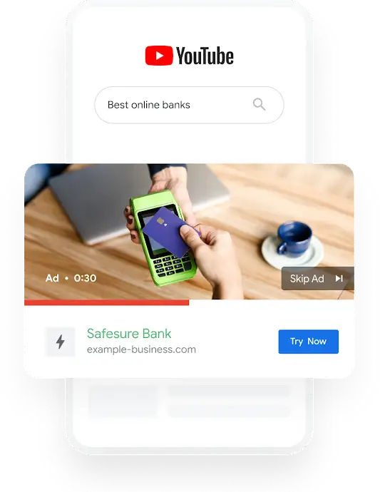 Illustration of a phone showing a YouTube search query for Best Online Banks surfacing a bank’s video ad.