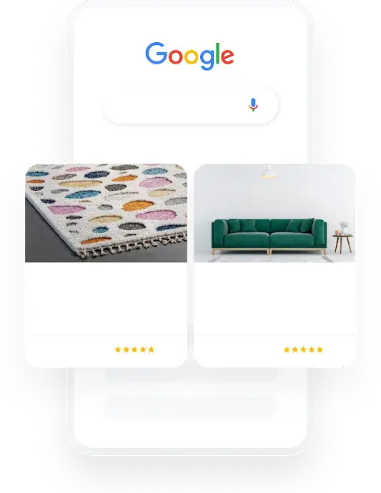 Ilustración de un teléfono que muestra una búsqueda en Google sobre decoración del hogar que da como resultado dos anuncios de Shopping relevantes