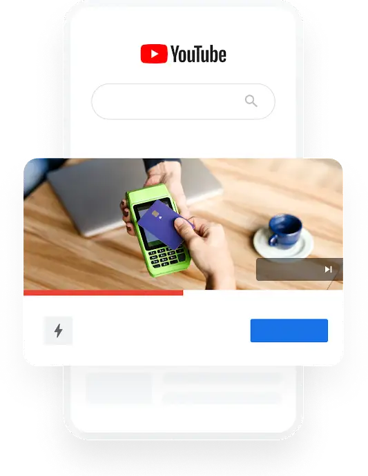 Illustration représentant un téléphone et la requête de recherche YouTube “meilleures banques en ligne”, qui déclenche l’affichage d’une annonce vidéo pour une banque