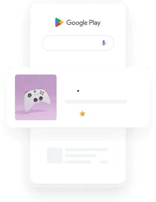 「ゲームアプリ」の Google Play 検索結果として、関連するアプリ広告が表示されているスマートフォンのイラスト。