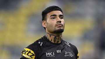 TOWNSVILLE, AUSTRALIA - APRIL 27: Taylan May of the Panthers looks on before the start of the round eight NRL match between North Queensland Cowboys and Penrith Panthers at Qld Country Bank Stadium, on April 27, 2024, in Townsville, Australia. (Photo by Ian Hitchcock/Getty Images)