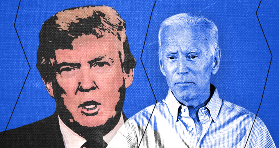 Image of Trump and Biden on a blue background