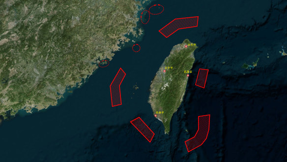 The People’s Liberation Army of China released a map highlighting the areas of operation around Taiwan.