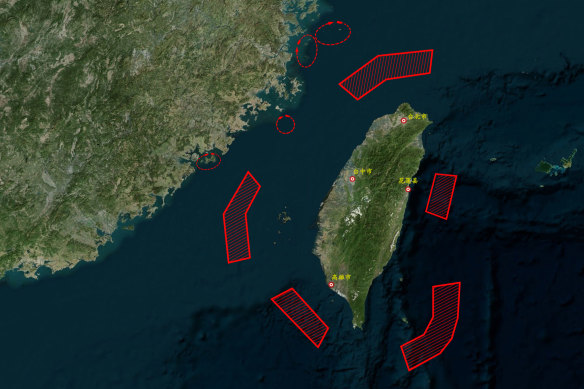 The People’s Liberation Army of China released a map highlighting the areas of operation around Taiwan.