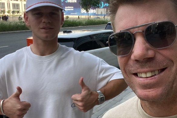 Jake Fraser-McGurk with David Warner in Dubai.