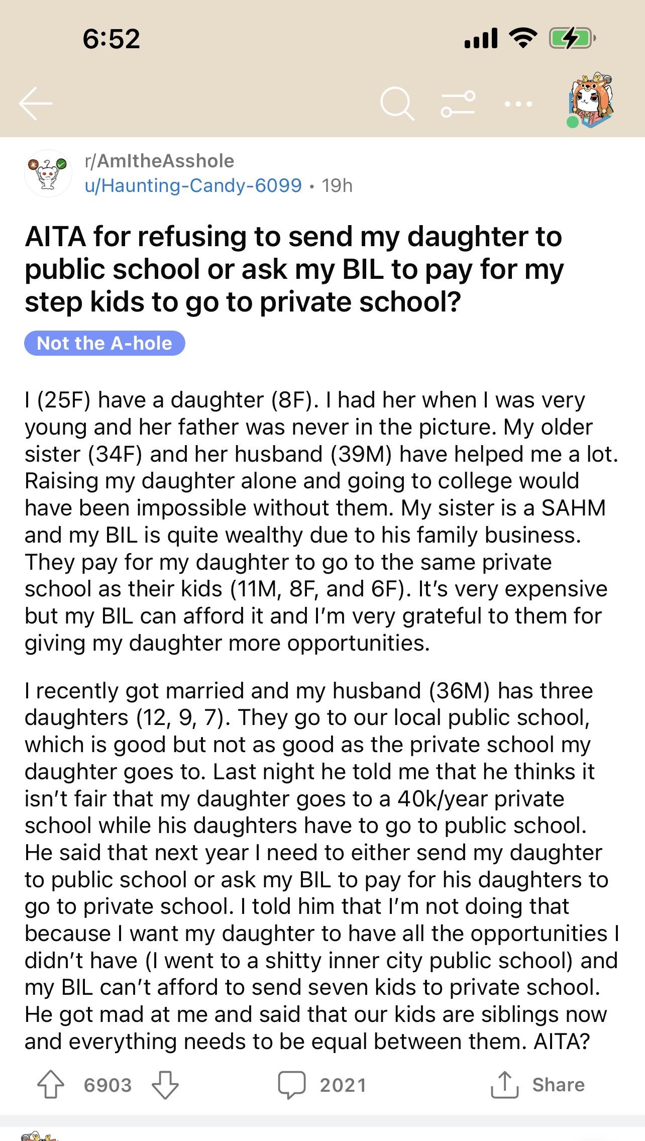 r/TwoHotTakes - AITA for refusing to send my daughter to public school or ask my BIL to pay for my step kids to go to private school?