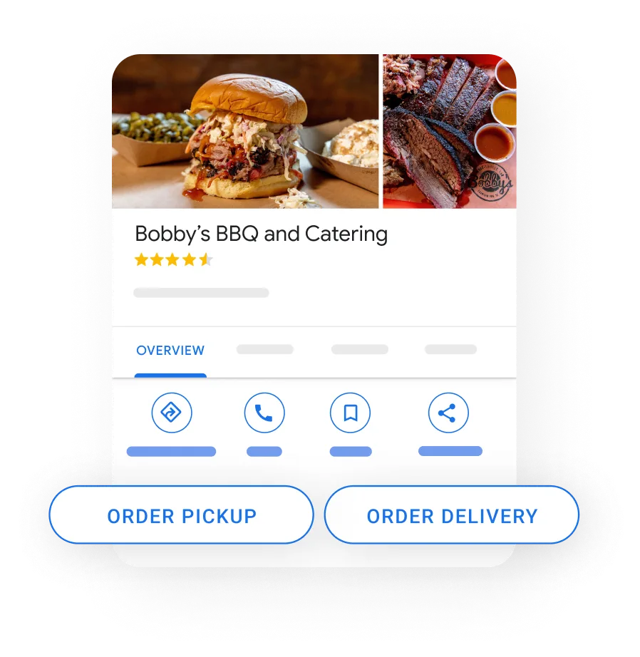 Image of a Business Profile in a mobile device popping out the buttons for order pickup and order delivery