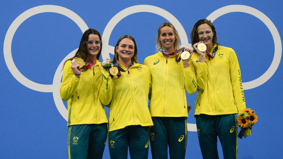 Medal-winning machines ... Kaylee Mckeown, Chelsea Hodges, Emma Mckeon and Cate Campbell after winning the 4x100m medley relay.