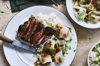 Marinated minute steaks with sesame daikon salad and steamed rice.
