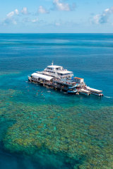 Aerial view of Sunlover Reef Cruise moored at Moore Reef pontoon