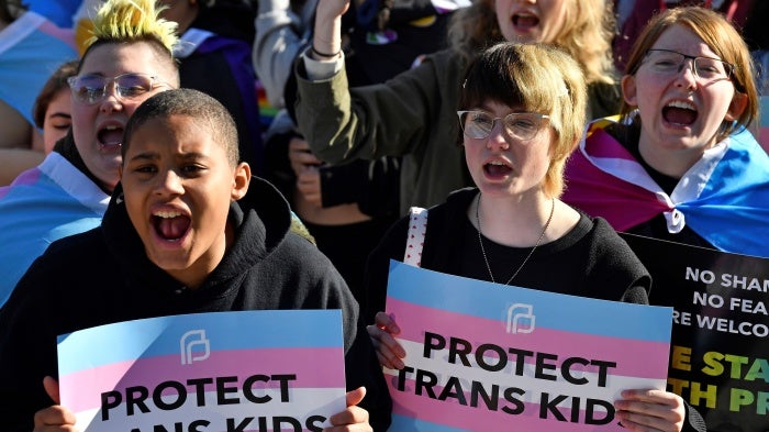 Protesters of Kentucky Senate Bill SB150, known as the Transgender Health Bill, cheer on speakers during a rally on the lawn of the Kentucky Capitol in Frankfort, March 29, 2023. © 2023 AP Photo/Timothy D. Easley, File