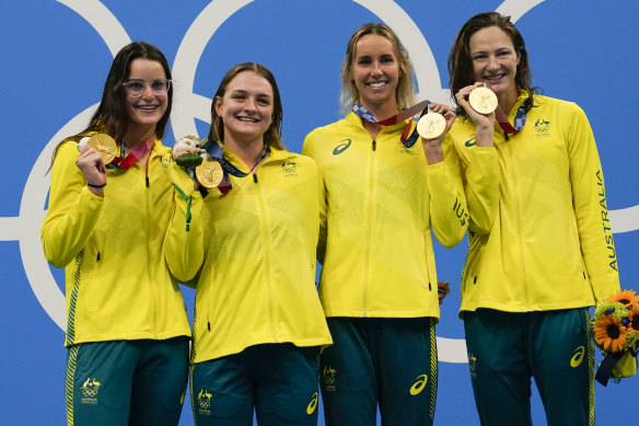 Medal-winning machines ... Kaylee Mckeown, Chelsea Hodges, Emma Mckeon and Cate Campbell after winning the 4x100m medley relay.