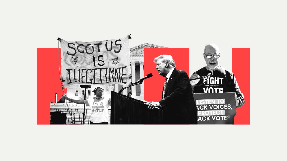 A collage of a protestor in front of the Supreme Court building holding a "SCOTUS is illegitimate" sign; and a photo of Donald Trump speaking at a podium; and a photo of a Black man speaking and wearing a "Fight For the Vote" shirt.