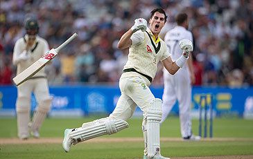 Pat Cummins celebrates scoring winning runs in first 2023 Ashes Test (Getty)