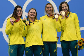 Medal-winning machines ... Kaylee Mckeown, Chelsea Hodges, Emma Mckeon and Cate Campbell after winning the 4x100m medley relay.