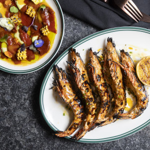 Assorted dishes including grilled prawns and watermelon ceviche at Amphora.