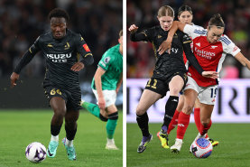 Left: Nestory Irankunda on the run for the A-League All Stars Men against Newcastle United FC at Marvel Stadium on Friday night. Right: Caitlin Foord of Arsenal and Cortnee Vine of the A-League All Stars contest the ball during the exhibition match between A-League All Stars Women and Arsenal Women FC at Marvel Stadium.