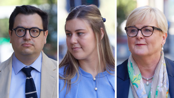 David Sharaz, Brittany Higgins (centre) and Linda Reynolds engaged in mediation talks on Tuesday.