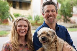 Harriet Dyer and Patrick Brammall (with Colin the dog) in Colin From Accounts. 