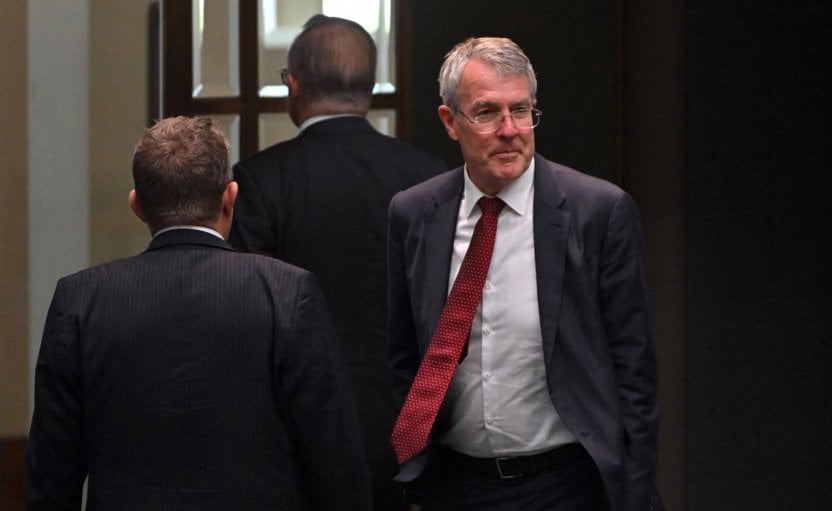 Attorney-General Mark Dreyfus exiting the House of Reps, Parliament House, behind PM Anthony Albanese 