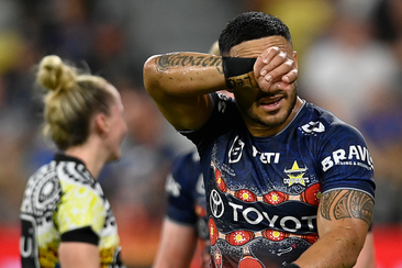 Valentine Holmes of the Cowboys is sent to the sin bin during the round 12 NRL match between North Queensland Cowboys and Wests Tigers at Qld Country Bank Stadium, on May 24, 2024, in Townsville, Australia. (Photo by Ian Hitchcock/Getty Images)