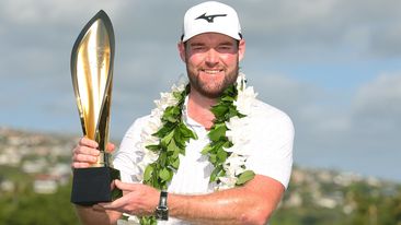 Grayson Murray of the United States poses with the trophy after winning the Sony Open in Hawaii on the first play-off hole at Waialae Country Club on January 14, 2024 in Honolulu, Hawaii. (Photo by Michael Reaves/Getty Images)