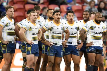 The Parramatta Eels looking dejected during Magic Round against the Storm in round 11.