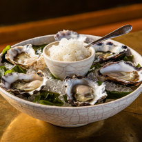 Rock oysters with lemon pepper granita at Bennelong Bar.