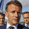 French President Emmanuel Macron speaks after stepping off his plane in New Caledonia on Thursday.