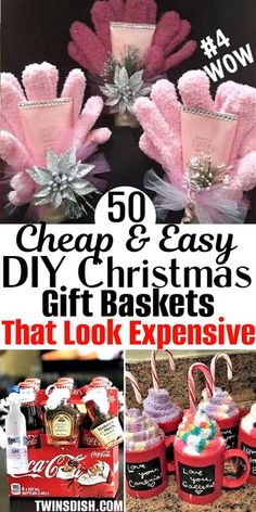 Cheap Christmas gift baskets Diy for couples, families, women, kids, men, teens, and even mom! This gift list includes the best dollar tree ideas for coworkers and teachers too like a spa kit and wine basket that don't look cheap but are!