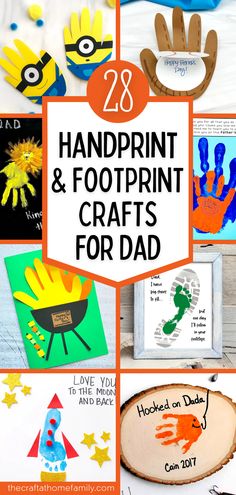 Collage of Father's Day handprint and footprint crafts, with the words "28 Handprint & Footprint Crafts for Dad"