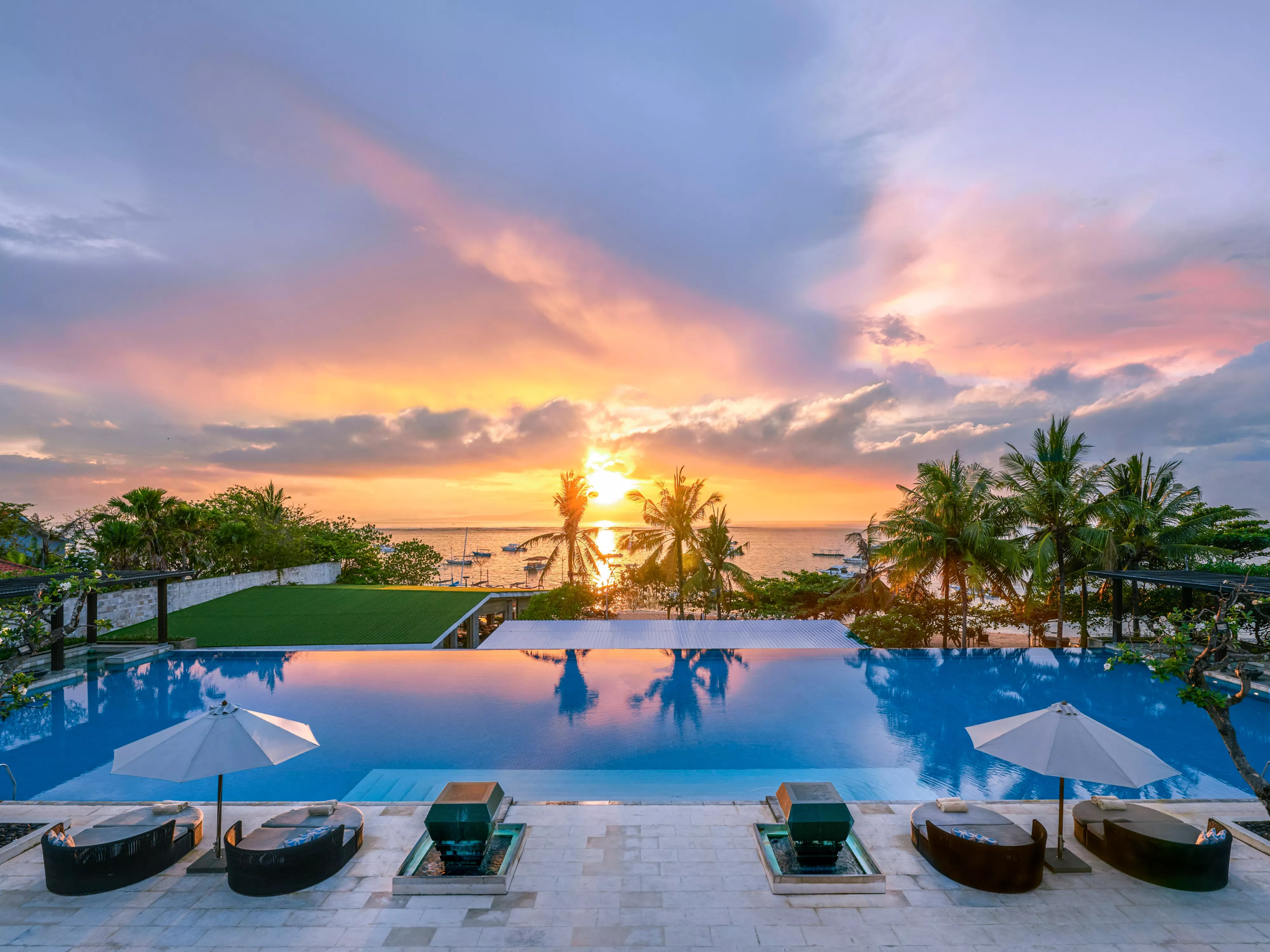 View of Balinese resort at Sunset