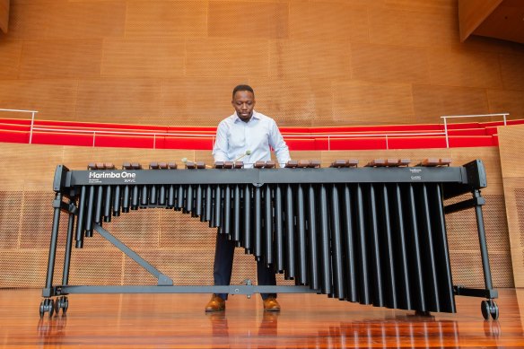 Josh Jones plays the marimba at Jay Pritzker Pavilion in Chicago.