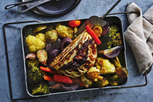 Winter vegetable tray bake.