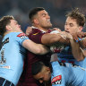 David Fifita of the Maroons is tackled during game three of the State of Origin series in Sydney last year. 