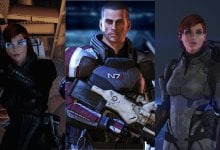 An edited image showing the player character in Mass Effect spanning across every game in the trilogy.