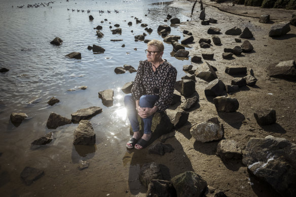 Tooradin resident Di Loft at the local foreshore, which is in danger of inundation from rising sea levels.