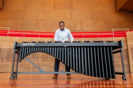 Josh Jones plays the marimba at Jay Pritzker Pavilion in Chicago.