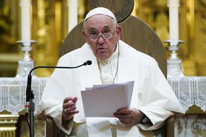 Pope Francis presides over a Vespers service at the Cathedral-Basilica of Notre Dame de Quebec, Thursday, July 28, 2022, in Quebec City, Quebec.