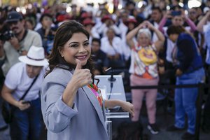 Clara Brugada, candidate for Head of Government of Mexico City, during a campaign rally at the Monument in Mexico City, on Monday, March 4, 2024. The general elections are scheduled for June 2.