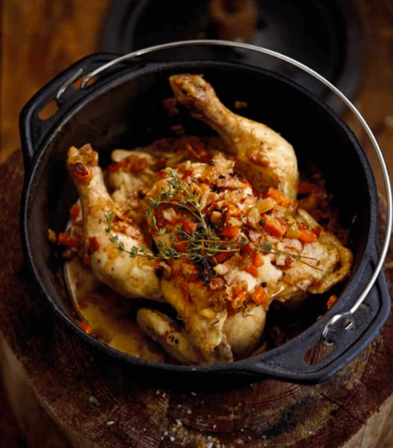 For this version of braaied chicken you’re going the decadent extra mile. You’re not just braaing it on a grid or baking it in your man-oven, you’re roasting it in your potjie.