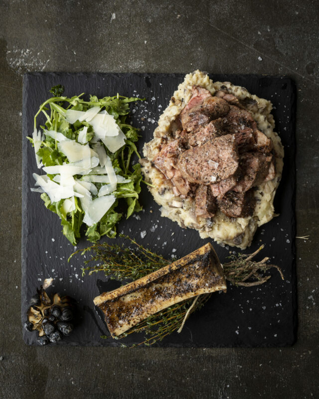 RIB EYE STEAK WITH BONE MARROW AND MASH