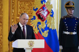 Russia President Putin meets his authorised representatives for the presidential election campaign in the Andreyevsky Hall of the Great Kremlin Palace, in Moscow, Russia, Wednesday, March 20, 2024.