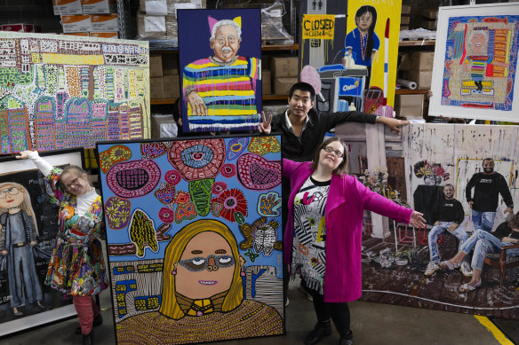 Former Archibald finalists from Studio A, (L-R) Meagan Pelham, Emily Crockford, and Daniel Kim delivering their 2024 Archibald entries to the Art Gallery of NSW.